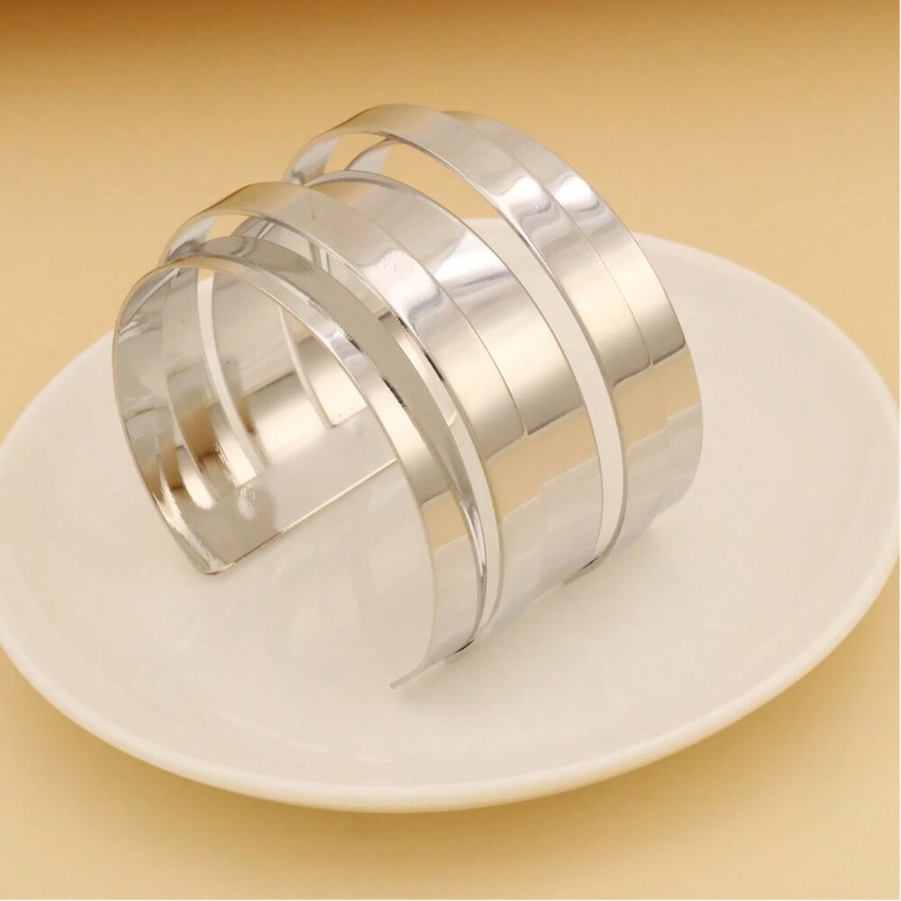 Modern Silver Wide Open Cuff Geometric Layered Look Bracelet